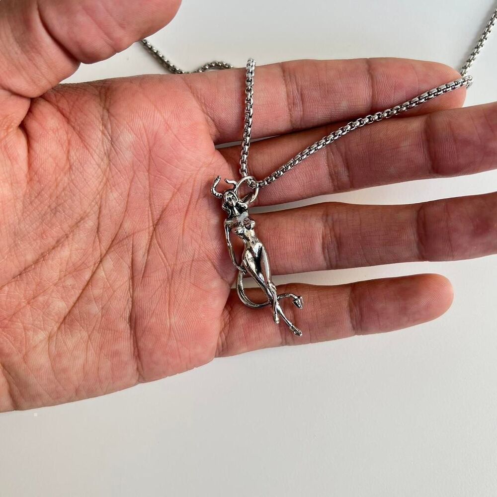 y2k silver heavy metal punk grunge emo devil girl pendant necklace - Picture 2 of 8